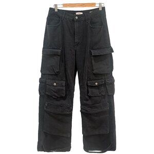 Black Cargo Denim Wide Leg Jeans